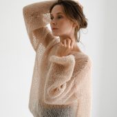 Hand-knitted Olive Mohair Pullover: Lightweight Fuzzy Sweater