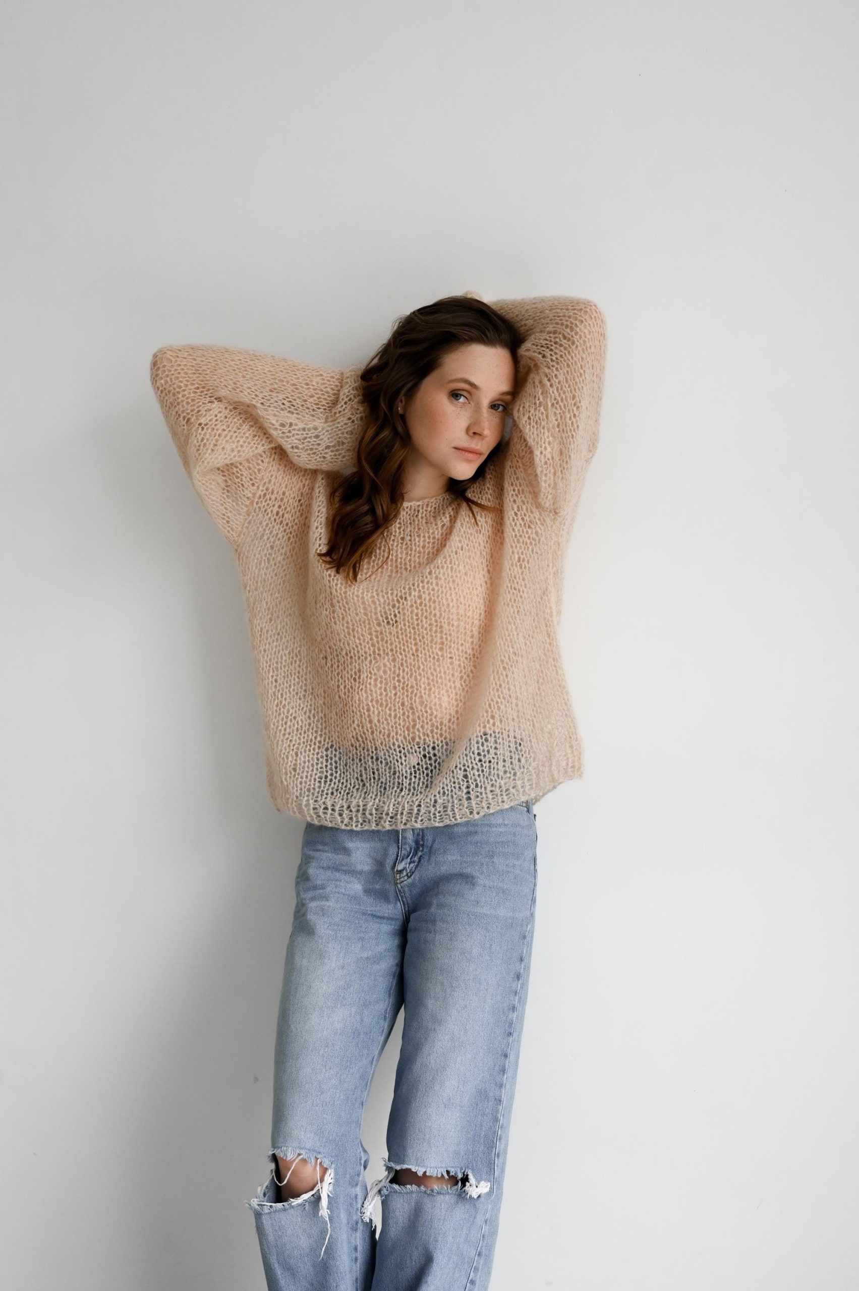Electric Blue Mohair Knit Sweater: Sheer Boho Pullover