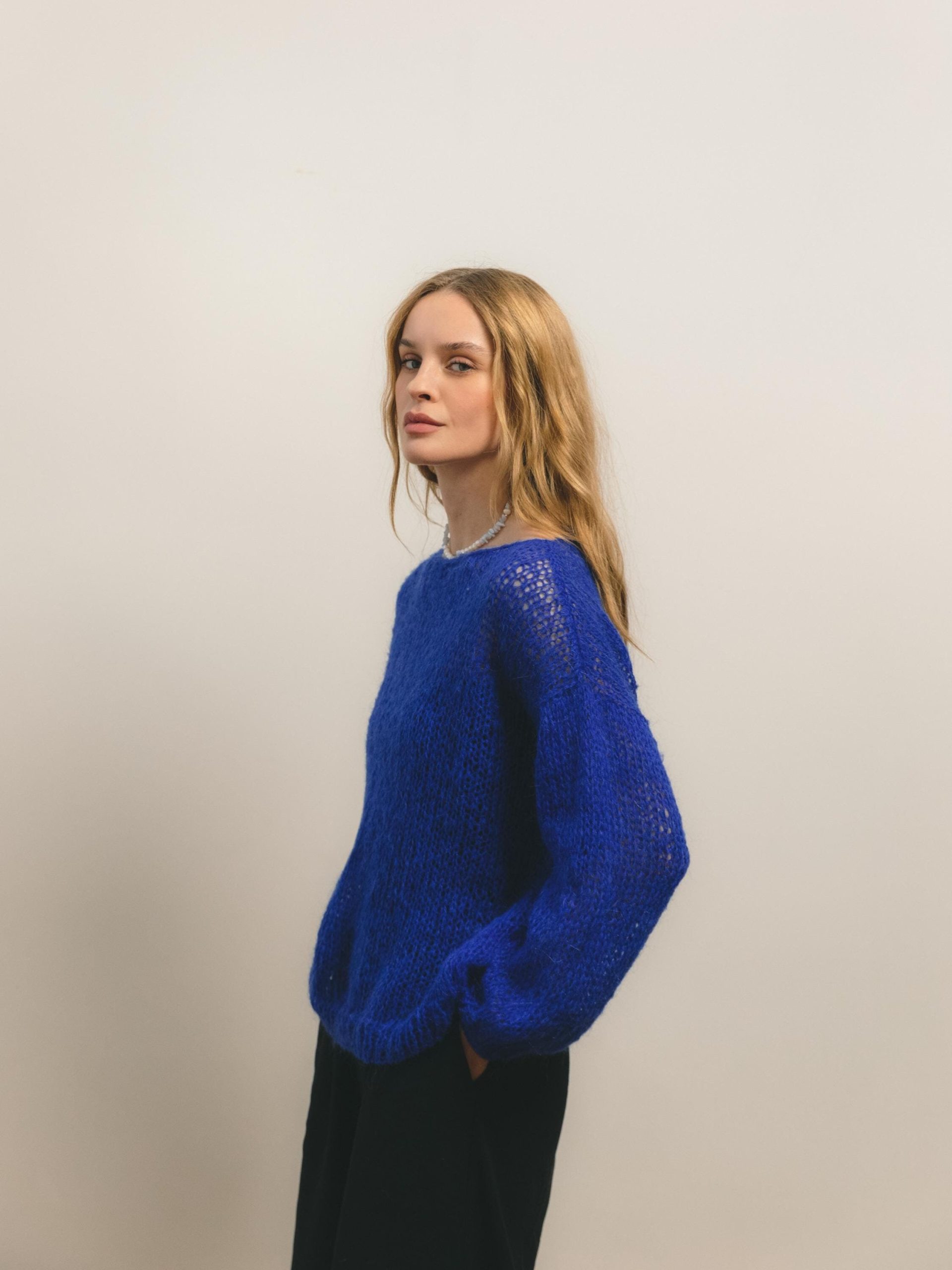Electric Blue Mohair Knit Sweater: Sheer Boho Pullover