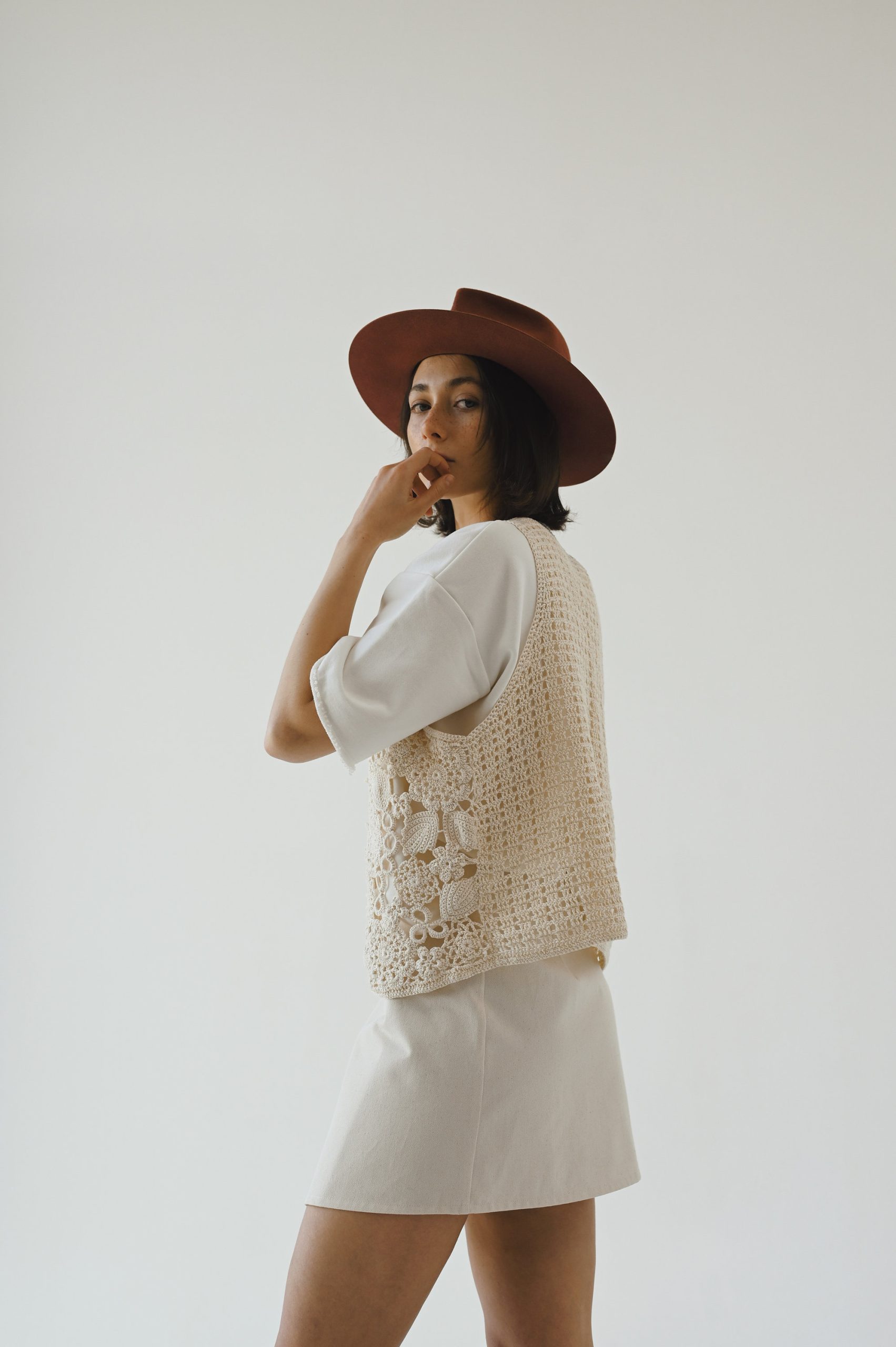 Handknit Cotton Lacy Slipover Vest: Tassel Tie Sleeveless Top