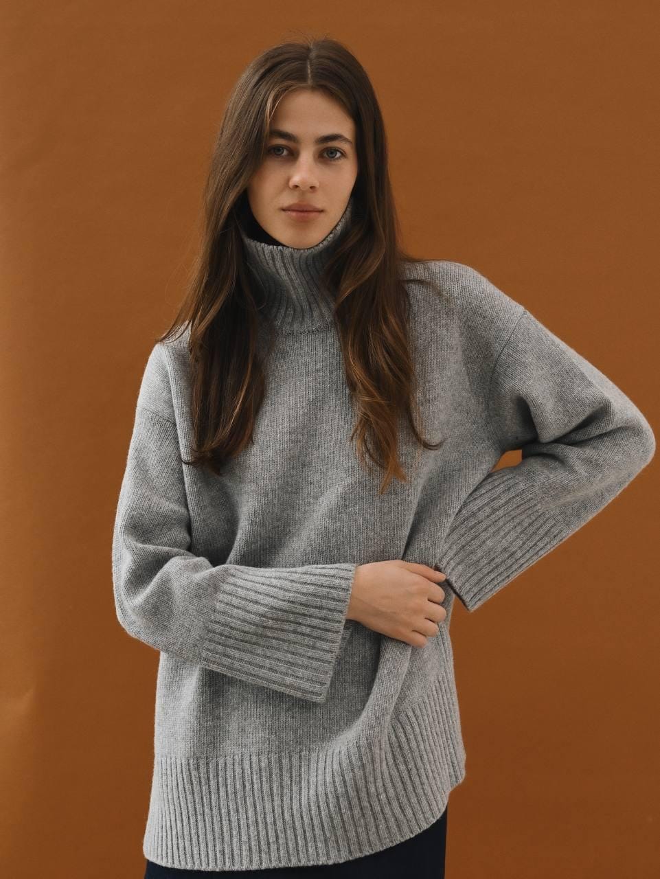 Oversized Turtleneck Sweater Gray & Beige Wool Blend