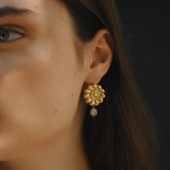 Flower And Bird Jewelry Earrings, Silver Earrings Covered With 24k Gold Plating Natural Pearls