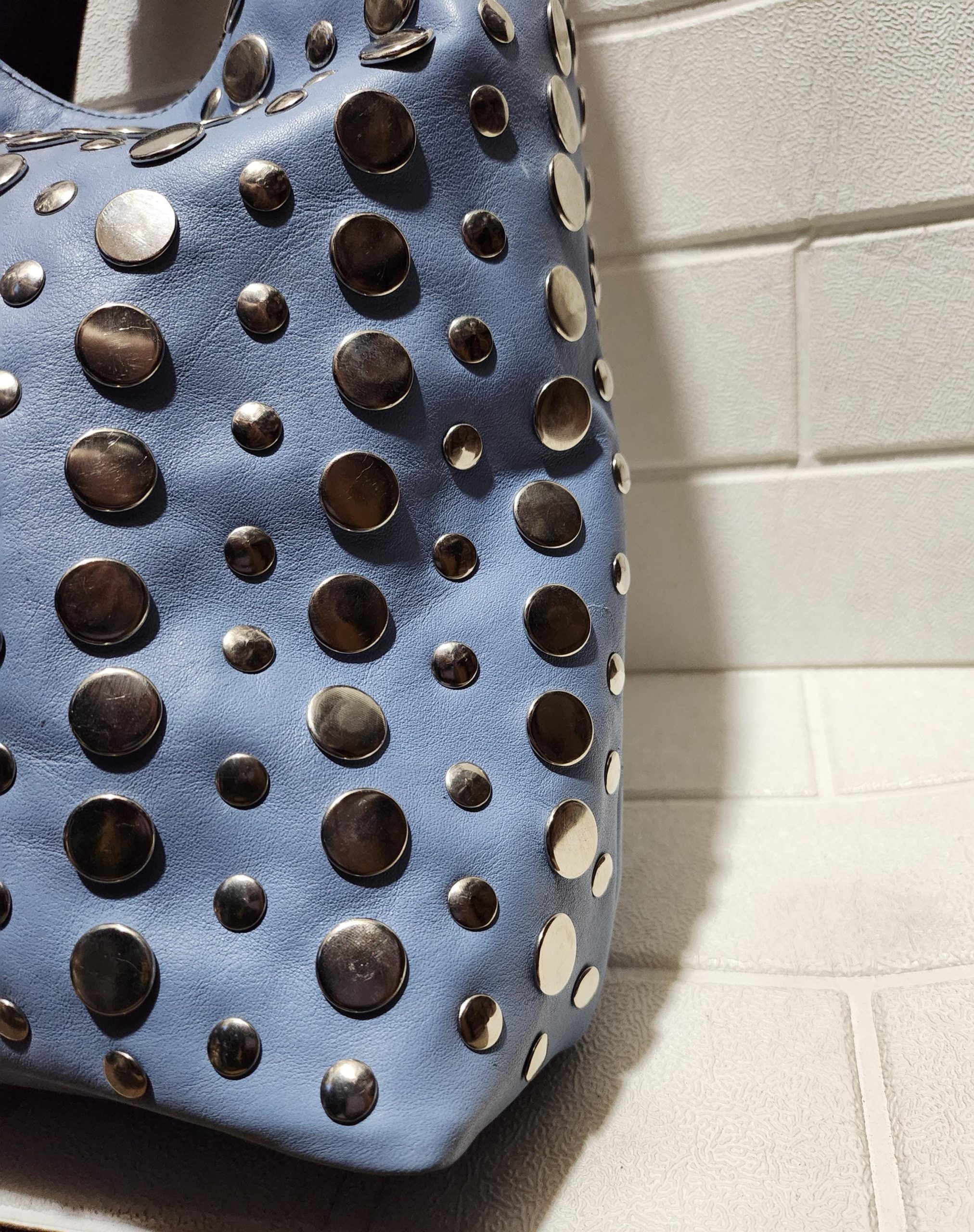 Moroccan Leather Tote – Soft Blue Studded Shoulder Bag | Handmade Boho Artisan Purse | Light Blue Shopper – Large & Small Sizes