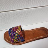 Handmade Moroccan Leather Sandals For Women – Vrai Cuir Marrakech – Colorful Woven Strap – Boho Summer Slides – Artisan Leather Shoes