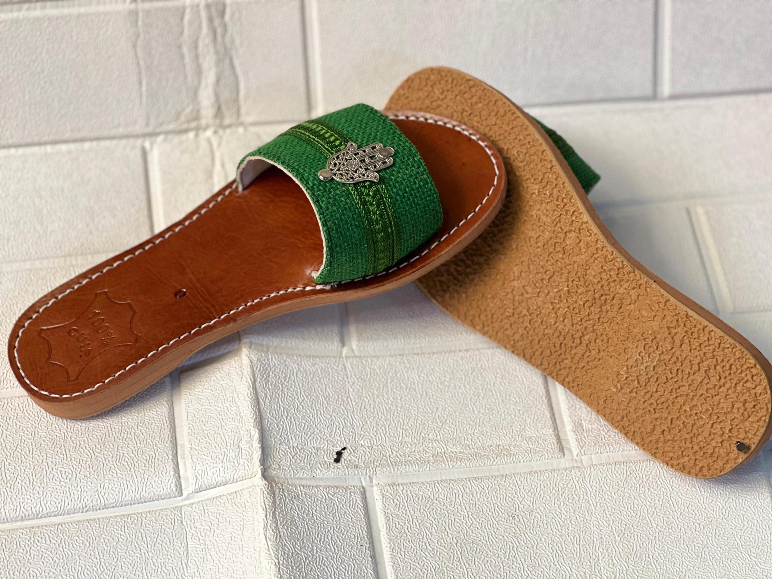 Handmade Moroccan Women Sandals – Turquoise Strap With Hamsa Charm | Leather Flats