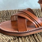 Handmade Moroccan Brown Leather Sandals – Cross Strap Flat Slides Women