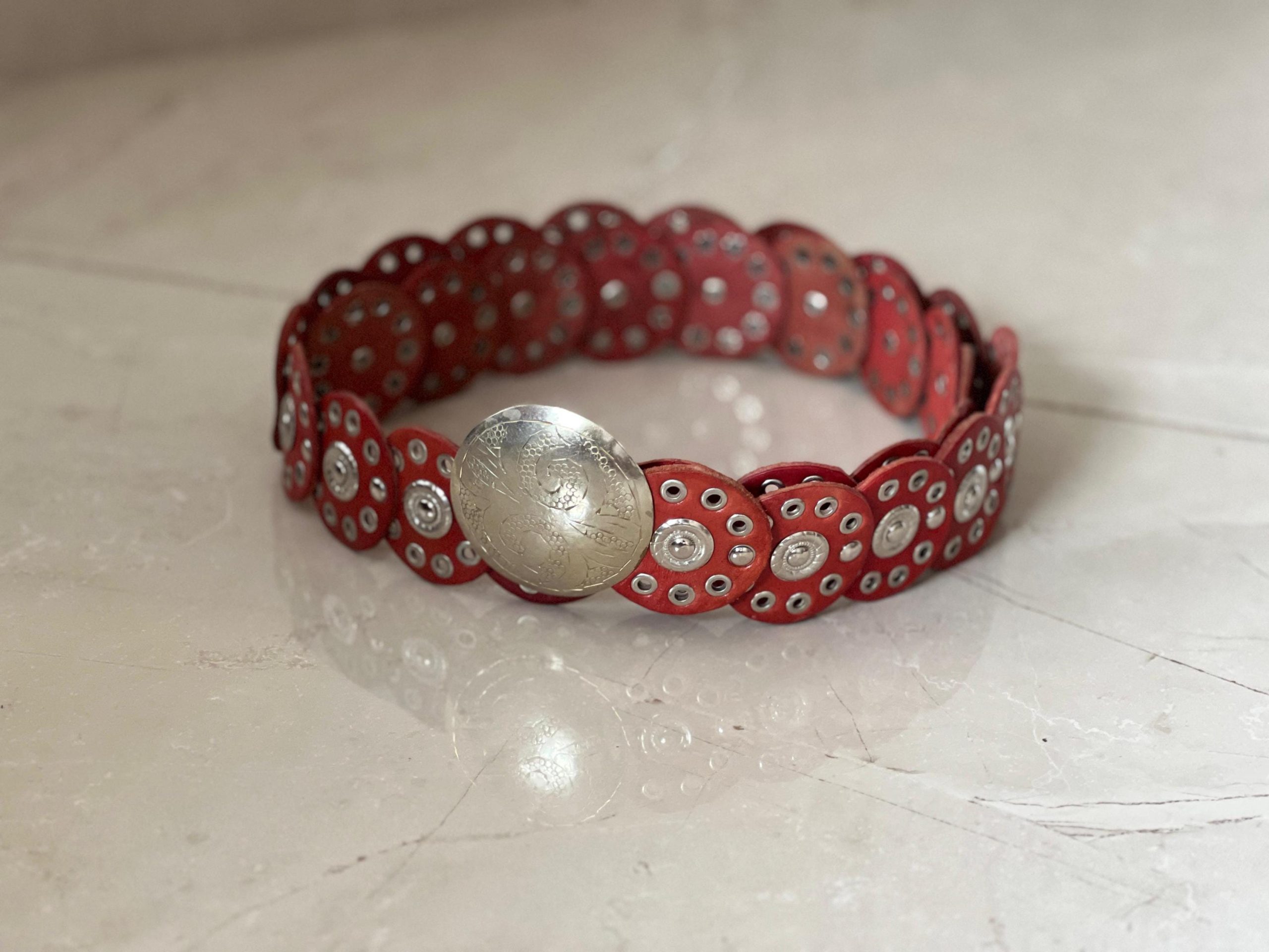 Handmade Moroccan Red Leather Belt With Silver Buckle – Wide Boho Waist Belt